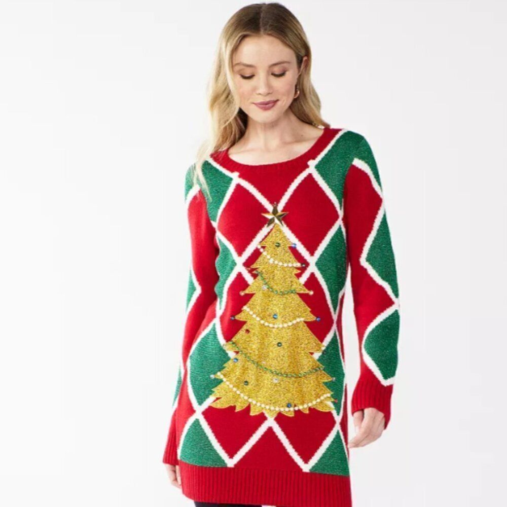 Festive Red and Green UGLY Christmas Sweater/dress tunic  with Gold Tree size M